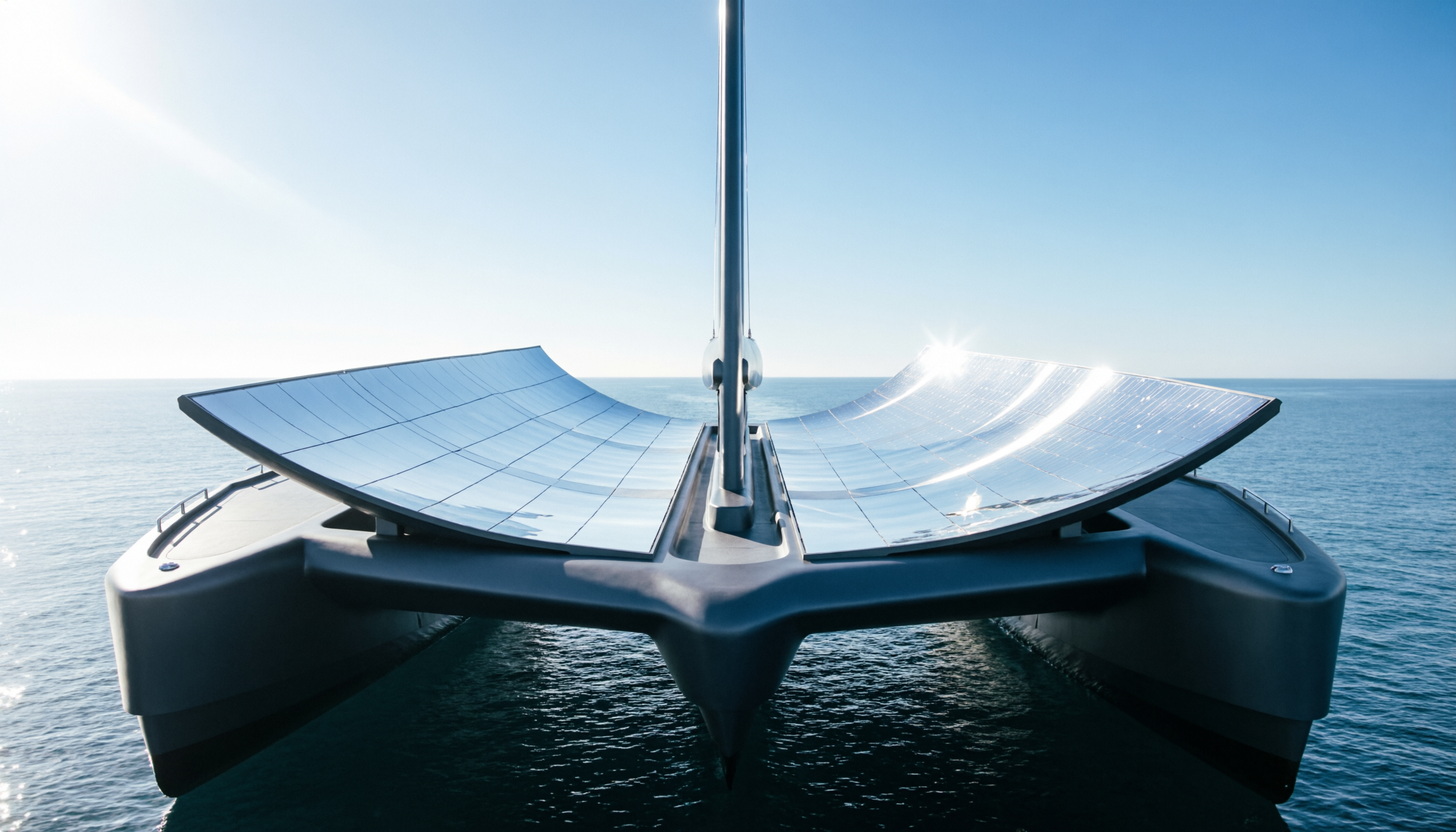 Visualización conceptual de un catamarán con superficies solares parabólicas Electroantu