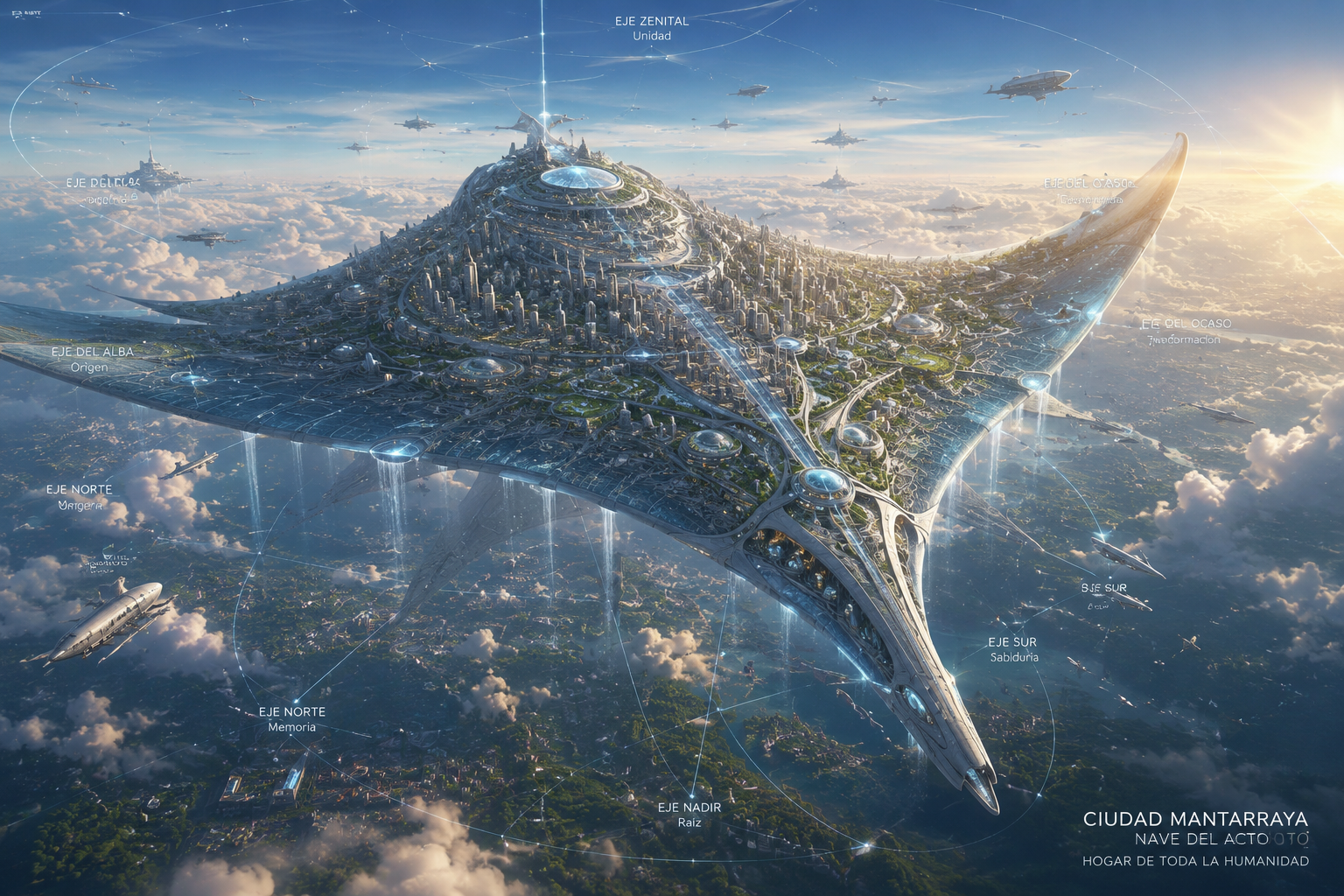 Ciudad Mantarraya · visualización conceptual de gran escala. No representa una ciudad construida ni una especificación técnica de PINDD.