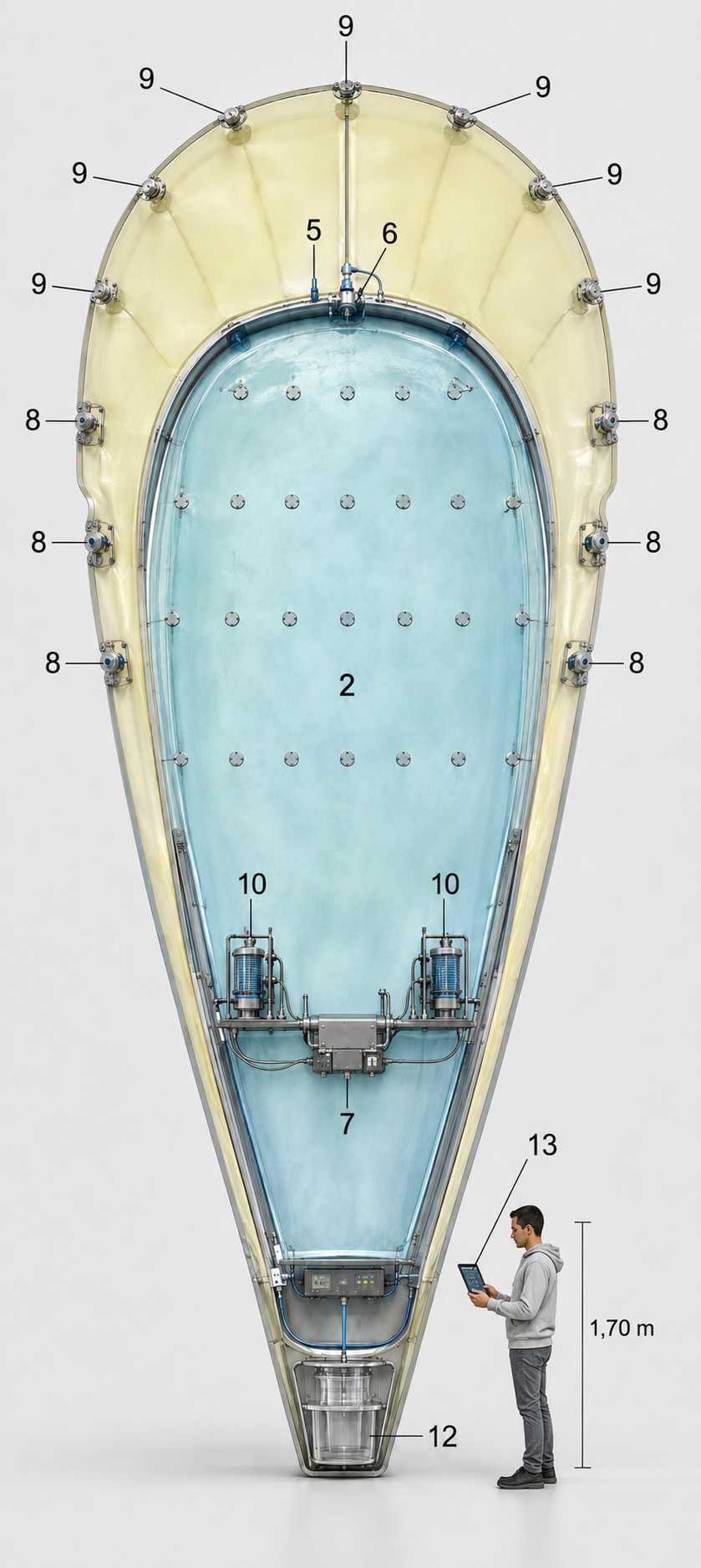 Representación técnica vertical numerada de la unidad IOA.