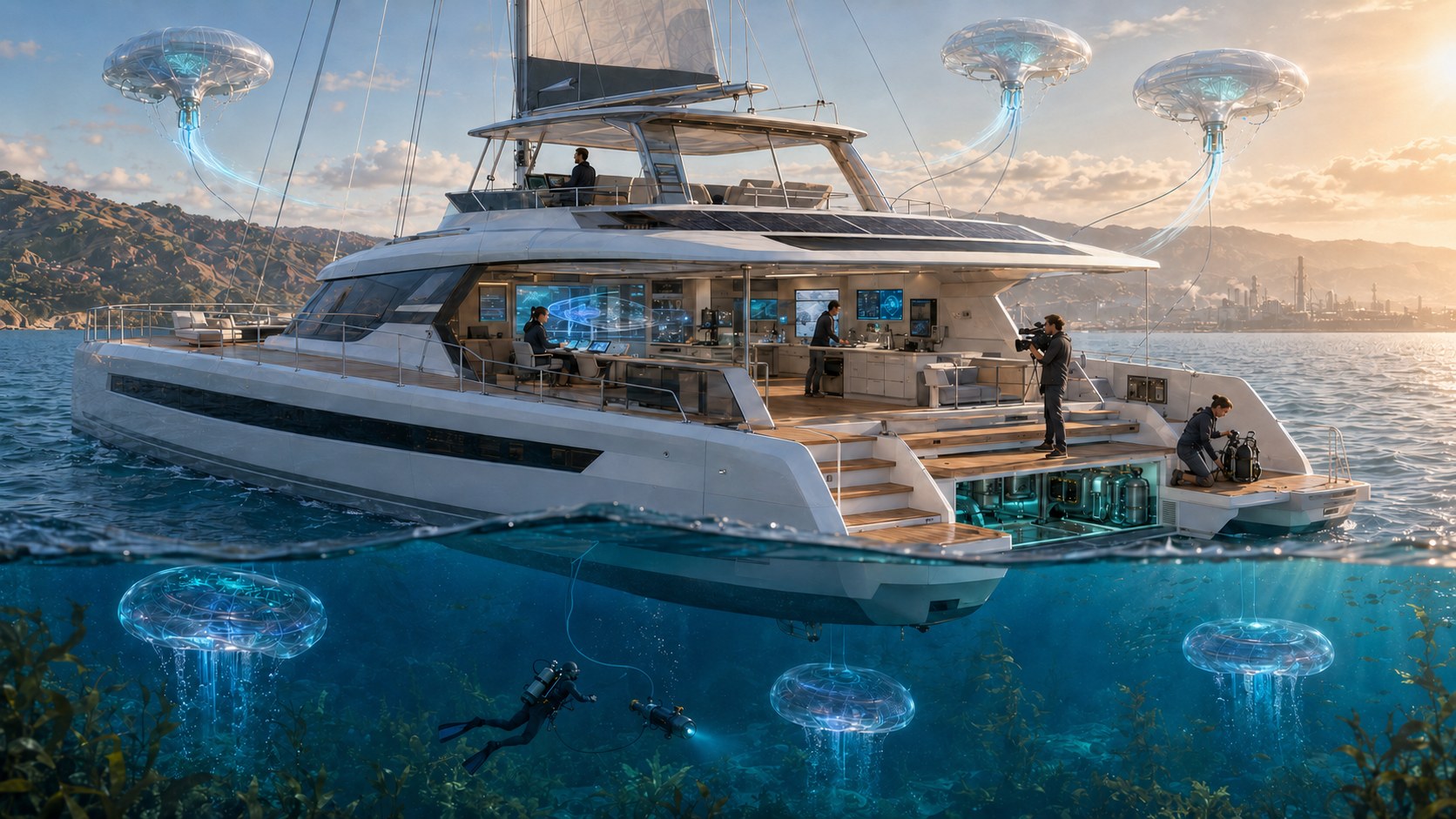 Catamarán científico con unidades de exploración submarina en aguas costeras